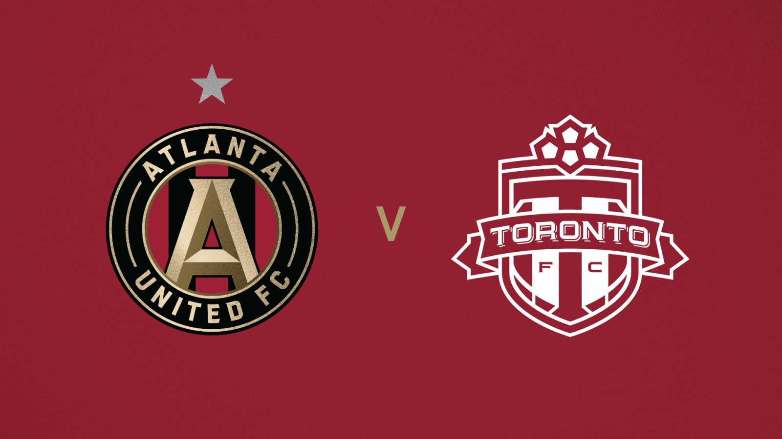 Official Atlanta United matchup graphic showing the Atlanta United FC and Toronto FC club crests separated by a gold V on a crimson background, for the November 1, 2026 match at Mercedes-Benz Stadium.