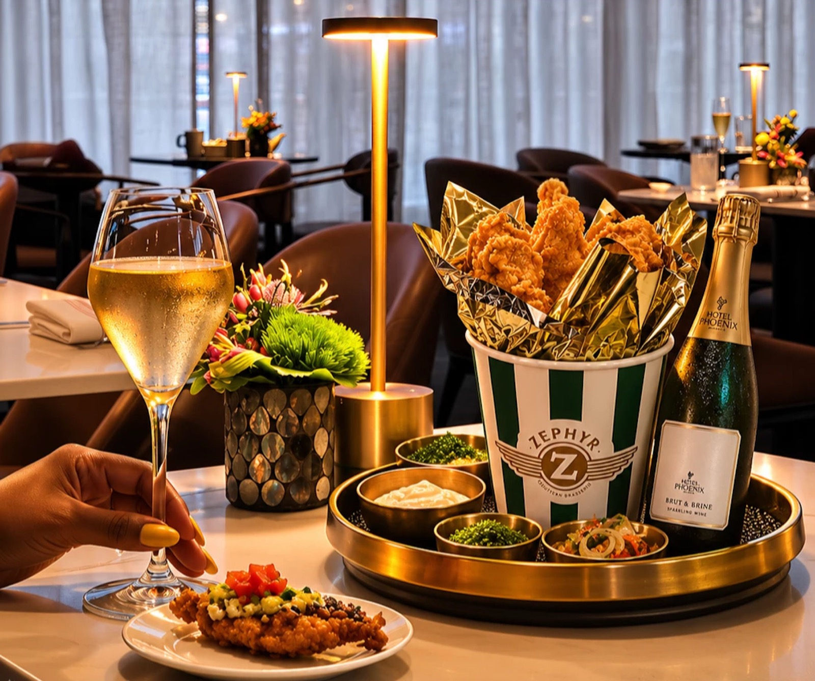 Oysters on ice and a glass of sparkling wine at Zephyr Southern Brasserie