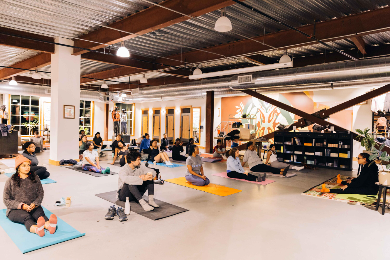 Promotional graphic for the free community yoga session at Patagonia on the Atlanta Beltline.
