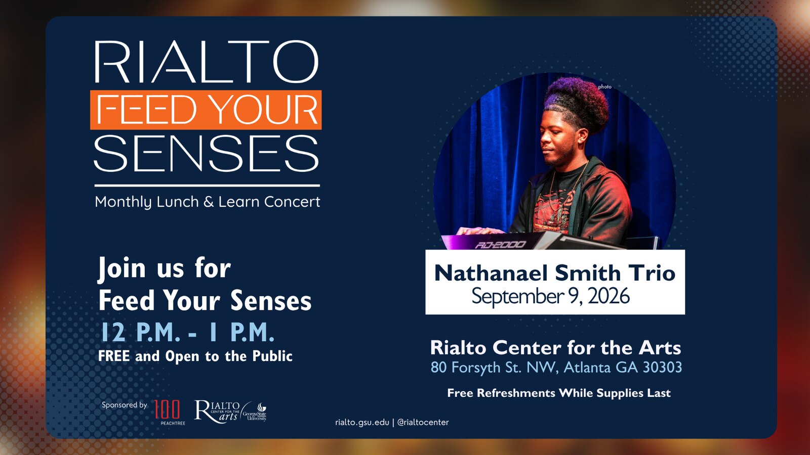 Rialto Center for the Arts Feed Your Senses concert graphic for the Nathanael Smith Trio, showing the pianist at a keyboard against a blue stage curtain