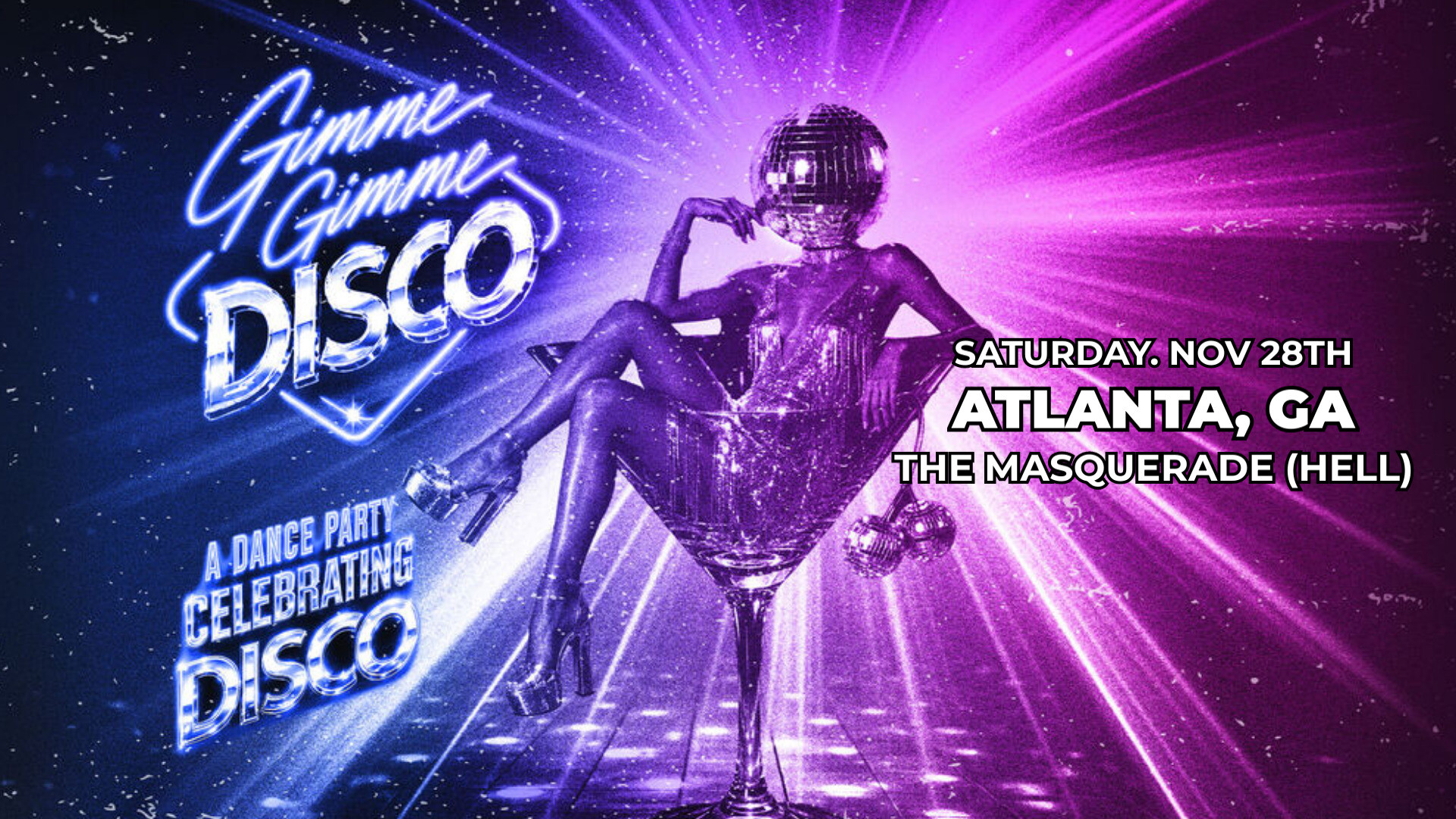 Key art for the ABBA-anchored Gimme Gimme Disco dance party.