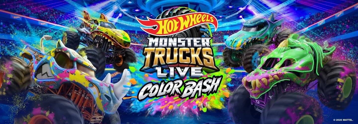 Hot Wheels Monster Trucks Live Color Bash key art with paint-splattered monster trucks