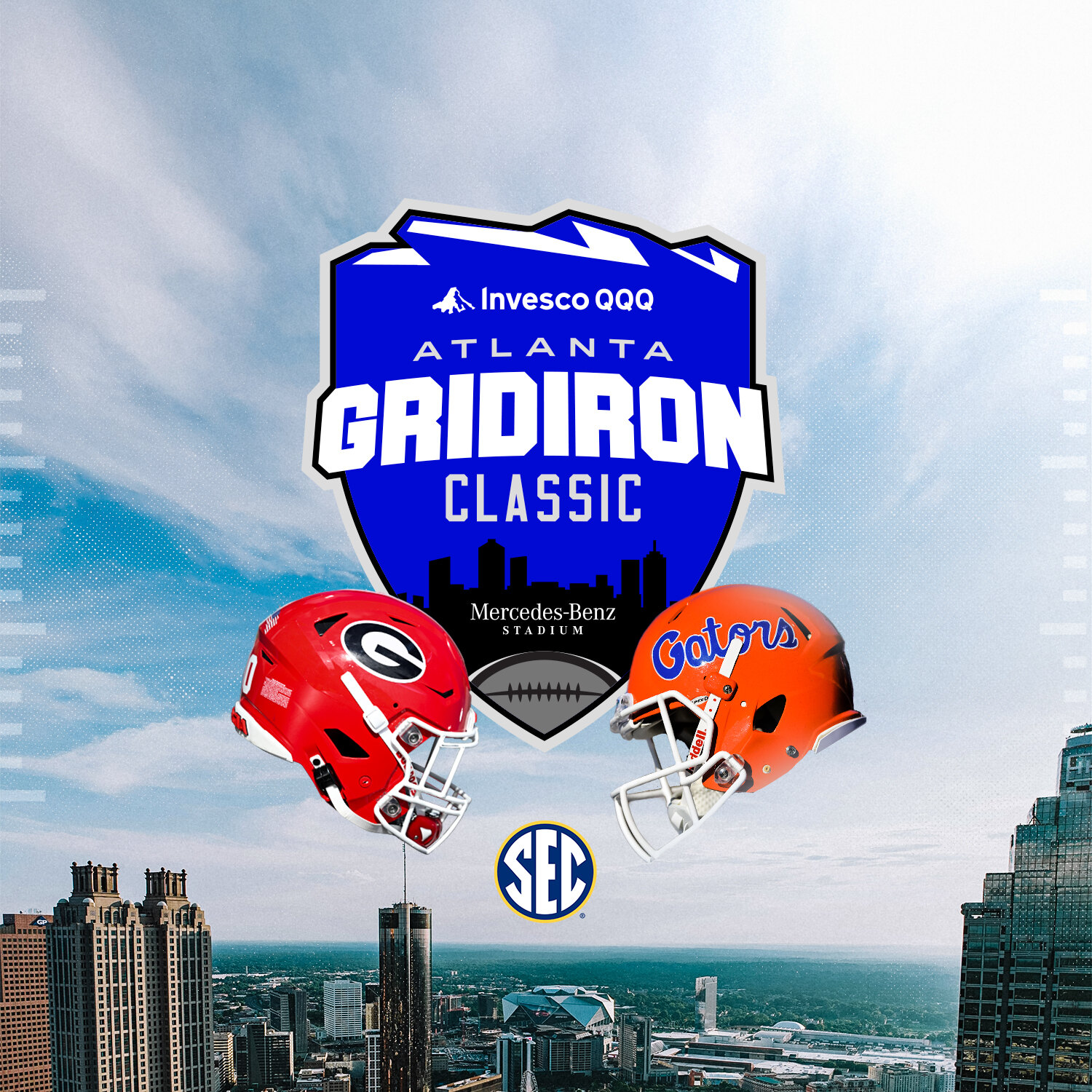 Invesco QQQ Atlanta Gridiron Classic key art: a Georgia Bulldogs helmet and a Florida Gators helmet flank the Gridiron Classic shield over the downtown Atlanta skyline