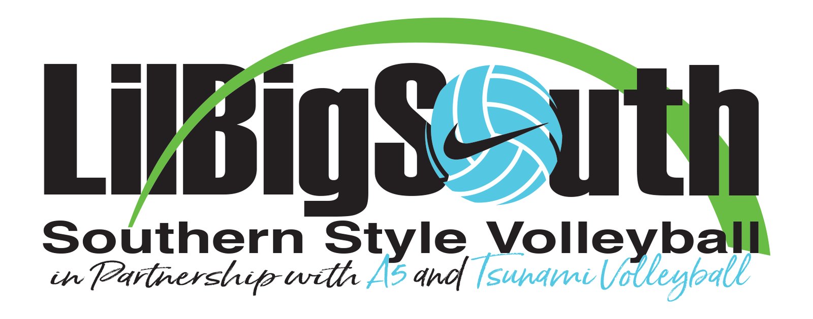 Lil Big South Southern Style Volleyball logo, a black wordmark with a light-blue volleyball forming the O, in partnership with A5 and Tsunami Volleyball