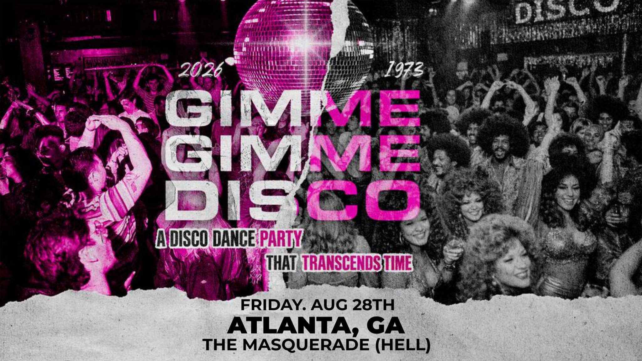 Official show artwork for Gimme Gimme Disco, the ABBA-inspired disco dance party, at Hell at The Masquerade in Atlanta on Friday, August 28, 2026.