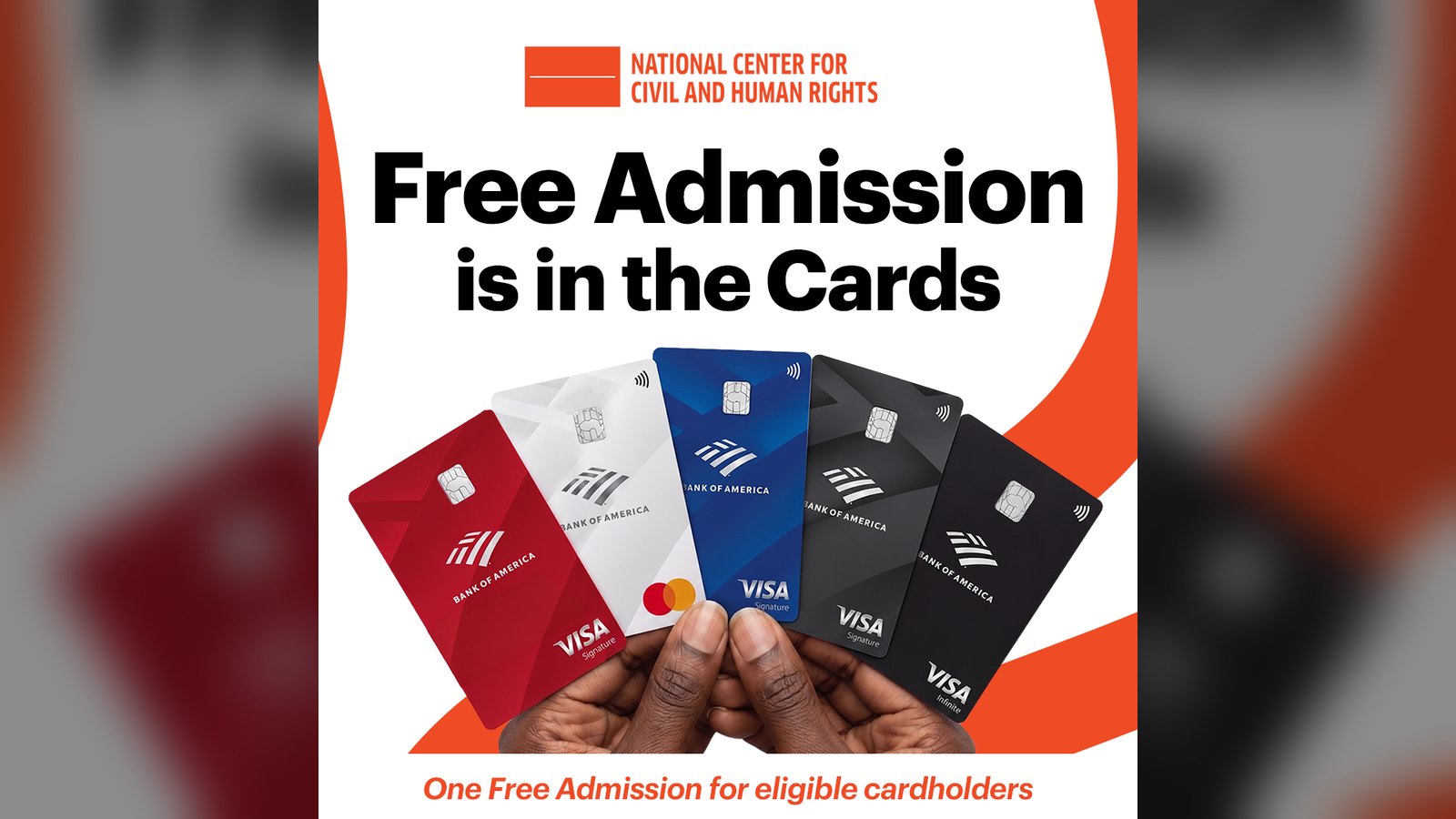 Bank of America Museums on Us promotional art reading Free Admission is in the Cards, showing a hand holding a fan of Bank of America cards
