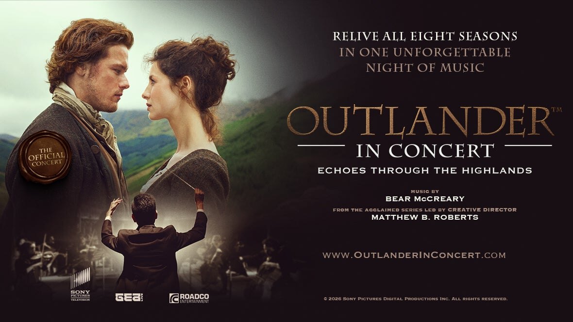 Outlander in Concert: Echoes Through the Highlands key art - Jamie and Claire over a Scottish highland landscape beside a conductor leading an orchestra