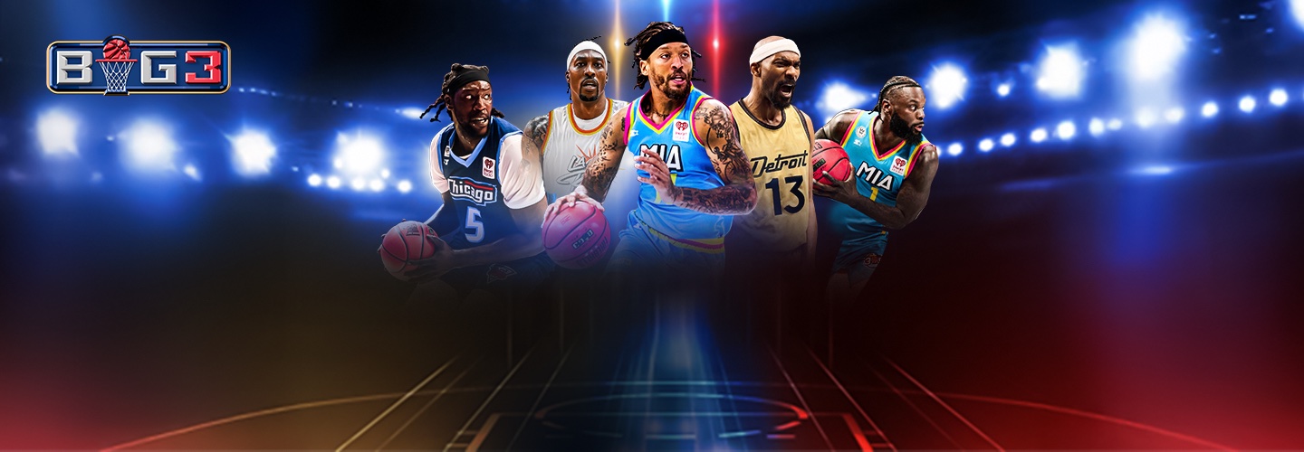 BIG3 Basketball key art: players in team jerseys on a spotlit court under the BIG3 logo