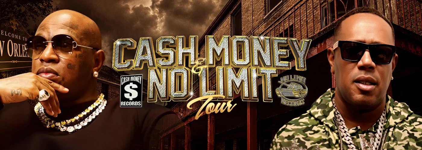 Cash Money & No Limit Tour key art: Birdman and Master P in sunglasses and diamond chains flank the diamond-encrusted tour logo over a New Orleans street backdrop.