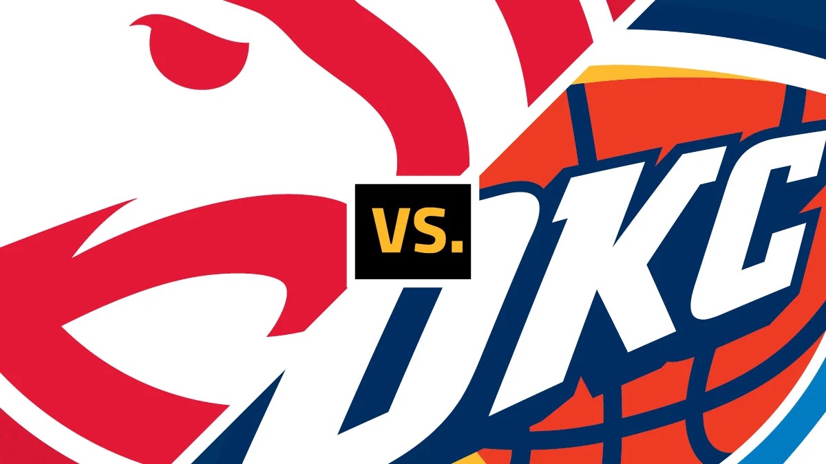 Official matchup graphic for the Atlanta Hawks vs. Oklahoma City Thunder preseason game at State Farm Arena, showing the Hawks hawk logo on the left and the Thunder logo on the right separated by a black "VS." block.