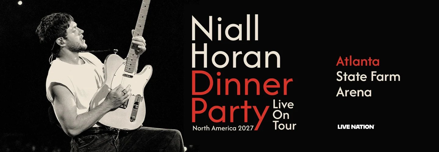 Niall Horan Dinner Party Live On Tour banner for State Farm Arena Atlanta, with a black-and-white photo of Horan singing while playing a Telecaster