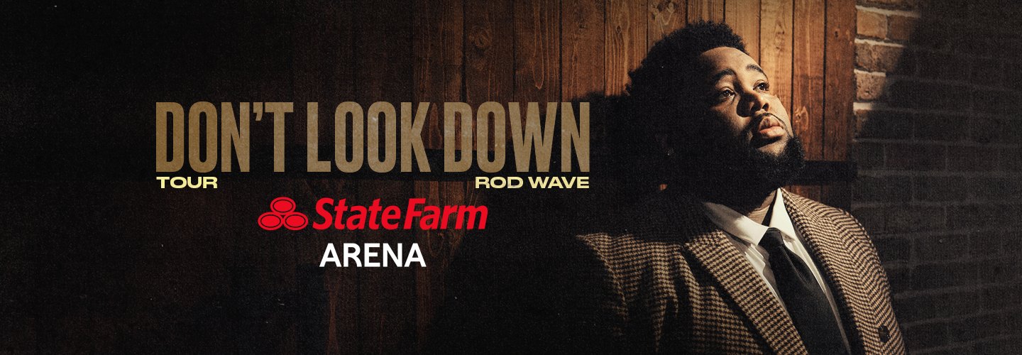 Rod Wave Dont Look Down Tour banner for State Farm Arena, with the artist in a brown houndstooth suit leaning against a wood-paneled wall beside the tour title