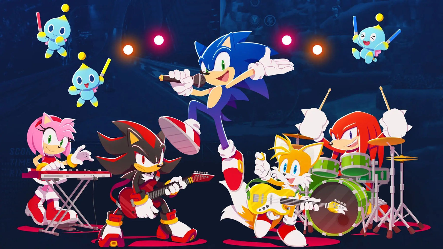 Sonic the Hedgehog and friends performing as a rock band in Sonic Live In Concert key art