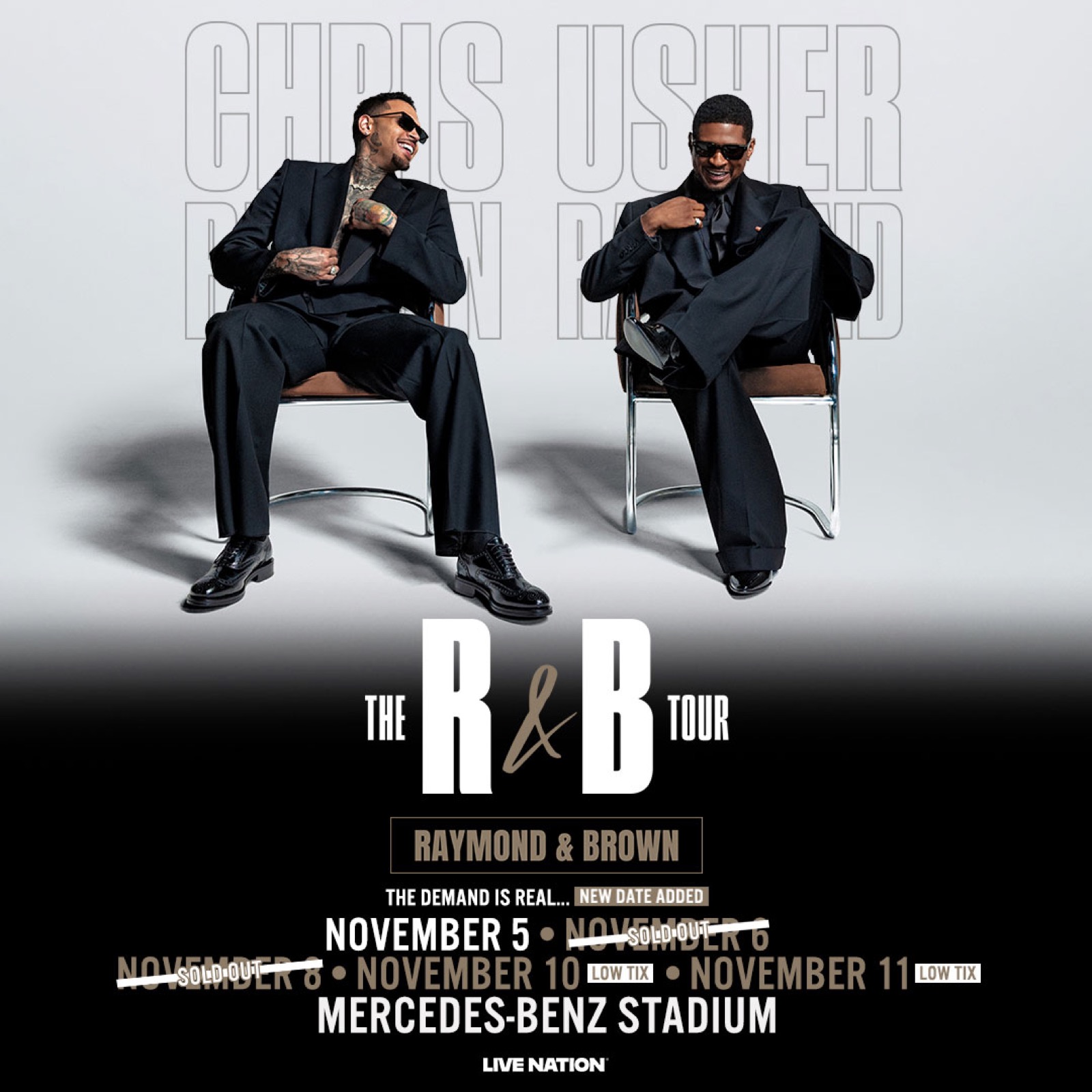 The R&B Tour tour art for the Mercedes-Benz Stadium dates with Usher Raymond and Chris Brown
